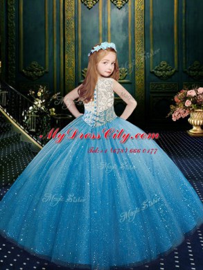 Scoop Floor Length Clasp Handle Little Girls Pageant Dress Blue for Party and Wedding Party with Appliques