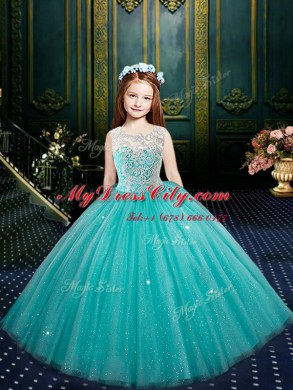 Scoop Floor Length Clasp Handle Evening Gowns Blue for Party and Wedding Party with Appliques