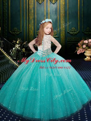 Scoop Floor Length Clasp Handle Evening Gowns Blue for Party and Wedding Party with Appliques