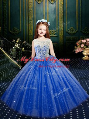 Nice Tulle Scoop Sleeveless Clasp Handle Appliques Party Dress for Toddlers in Blue