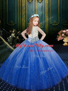 Nice Tulle Scoop Sleeveless Clasp Handle Appliques Party Dress for Toddlers in Blue