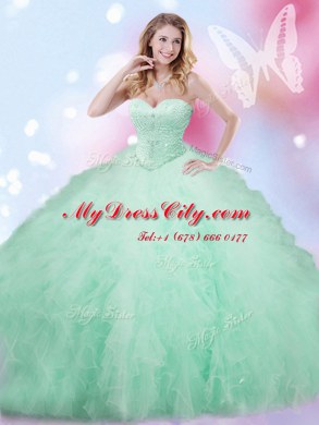 Stunning Sleeveless Floor Length Beading and Ruffles Lace Up Quince Ball Gowns with Apple Green