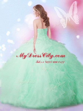 Stunning Sleeveless Floor Length Beading and Ruffles Lace Up Quince Ball Gowns with Apple Green