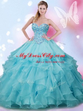 Aqua Blue Organza Lace Up Sweetheart Sleeveless Floor Length Quinceanera Dresses Beading and Ruffles