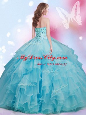 Aqua Blue Organza Lace Up Sweetheart Sleeveless Floor Length Quinceanera Dresses Beading and Ruffles