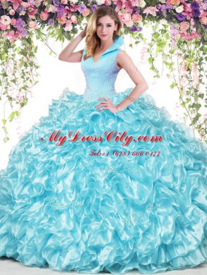 Shining Aqua Blue Sweet 16 Dresses Military Ball and Sweet 16 and Quinceanera and For with Beading and Ruffles High-neck Sleeveless Backless