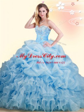 Pick Ups With Train Ball Gowns Sleeveless Baby Blue Ball Gown Prom Dress Brush Train Lace Up