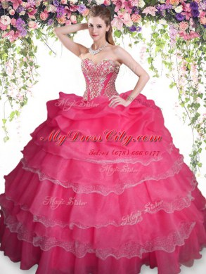 Trendy Coral Red Ball Gowns Sweetheart Sleeveless Organza Floor Length Lace Up Beading and Ruffled Layers and Pick Ups Quinceanera Gown