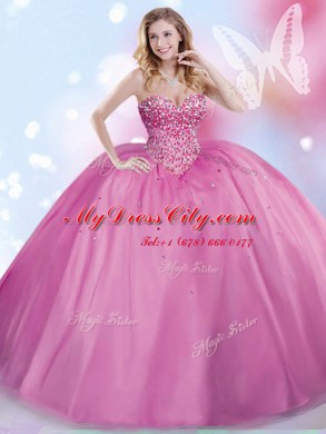 Dramatic Sleeveless Floor Length Beading Lace Up Vestidos de Quinceanera with Lilac