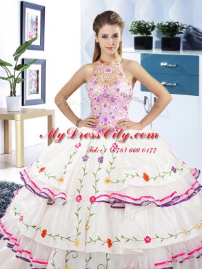 Ruffled Ball Gowns Sweet 16 Dresses White Halter Top Organza and Taffeta Sleeveless Floor Length Lace Up