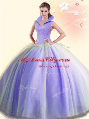 Nice Lavender Tulle Backless Vestidos de Quinceanera Sleeveless Floor Length Beading