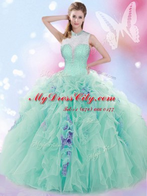 Apple Green Lace Up High-neck Beading and Ruffles Quinceanera Dresses Tulle Sleeveless