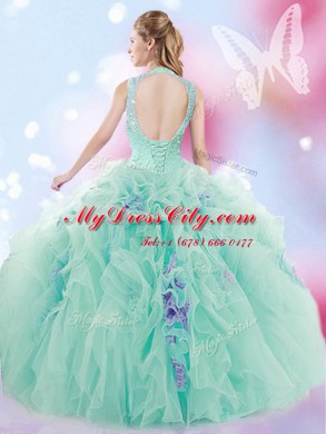 Apple Green Lace Up High-neck Beading and Ruffles Quinceanera Dresses Tulle Sleeveless