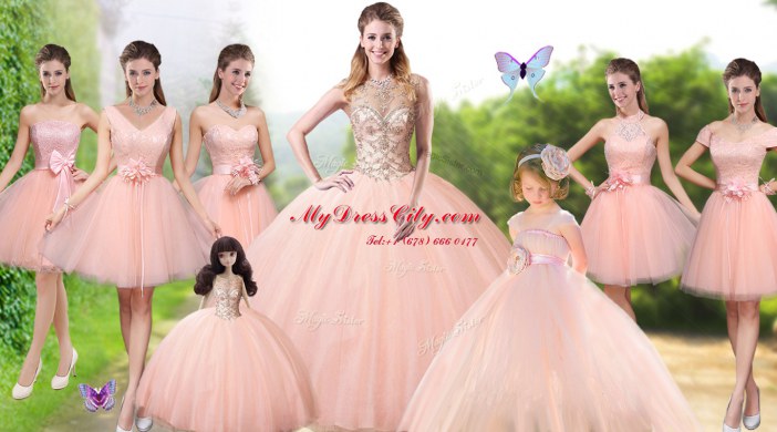 Traditional High-neck Sleeveless Tulle Quinceanera Dresses Beading Lace Up