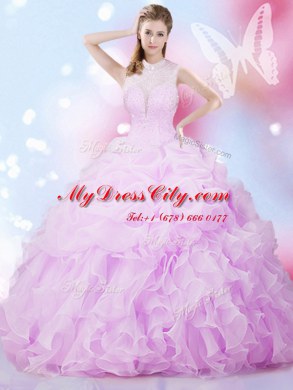 Lilac High-neck Lace Up Beading and Ruffles and Pick Ups 15th Birthday Dress Sleeveless