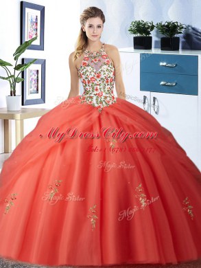 Eye-catching Halter Top Embroidery and Pick Ups Quinceanera Gown Orange Red Lace Up Sleeveless Floor Length