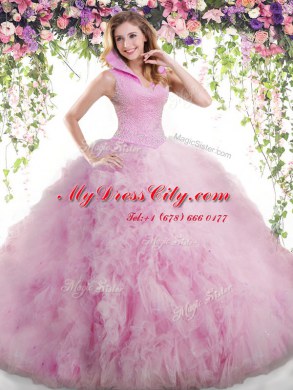 Beauteous Sleeveless Tulle Floor Length Backless 15th Birthday Dress in Lilac with Beading and Ruffles