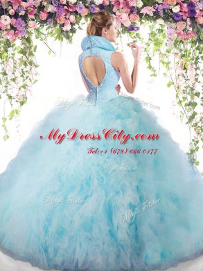 Beauteous Sleeveless Tulle Floor Length Backless 15th Birthday Dress in Lilac with Beading and Ruffles