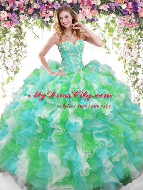 Multi-color Organza Lace Up 15 Quinceanera Dress Sleeveless Floor Length Beading and Ruffles