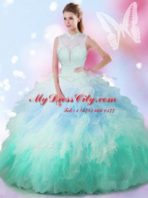 Latest High-neck Sleeveless Quinceanera Gowns Floor Length Beading and Ruffles Multi-color Tulle