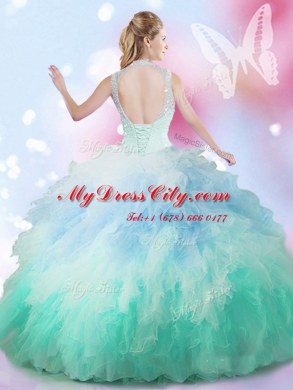 Latest High-neck Sleeveless Quinceanera Gowns Floor Length Beading and Ruffles Multi-color Tulle
