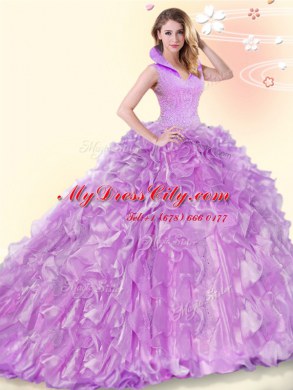 Modern Lilac High-neck Backless Beading and Ruffles 15 Quinceanera Dress Brush Train Sleeveless