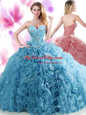Amazing Blue Ball Gowns Sweetheart Sleeveless Organza Brush Train Lace Up Beading and Ruffles Quinceanera Dresses