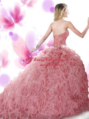 Amazing Blue Ball Gowns Sweetheart Sleeveless Organza Brush Train Lace Up Beading and Ruffles Quinceanera Dresses