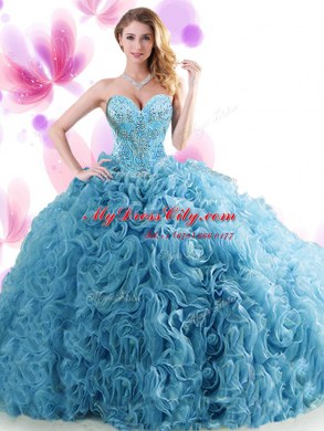 Amazing Blue Ball Gowns Sweetheart Sleeveless Organza Brush Train Lace Up Beading and Ruffles Quinceanera Dresses