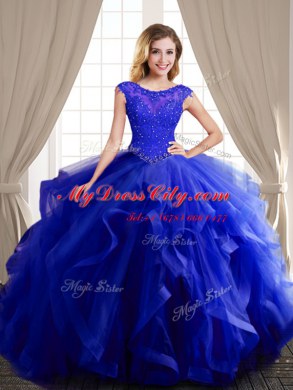 Traditional Royal Blue Ball Gowns Tulle Scoop Cap Sleeves Beading and Appliques and Ruffles With Train Lace Up Vestidos de Quinceanera Brush Train