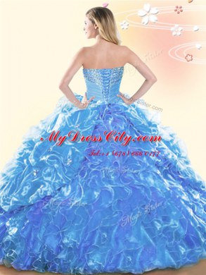 Blue Sweetheart Lace Up Beading and Ruffles and Pick Ups Sweet 16 Quinceanera Dress Sleeveless