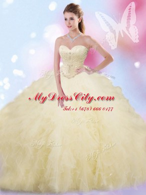 Floor Length Lace Up 15th Birthday Dress Light Yellow for Military Ball and Sweet 16 and Quinceanera with Beading and Ruffles