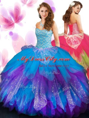 Beading and Ruffled Layers Quince Ball Gowns Multi-color Lace Up Sleeveless Floor Length