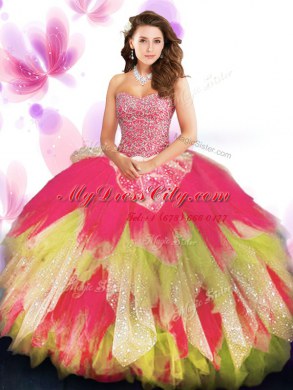 Beading and Ruffled Layers Quince Ball Gowns Multi-color Lace Up Sleeveless Floor Length