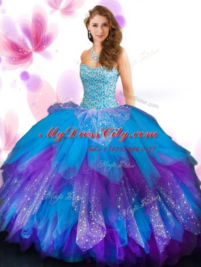 Beading and Ruffled Layers Quince Ball Gowns Multi-color Lace Up Sleeveless Floor Length