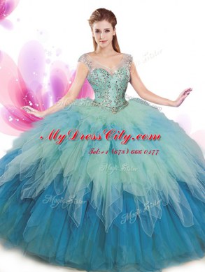 Fancy Floor Length Ball Gowns Cap Sleeves Multi-color 15th Birthday Dress Lace Up