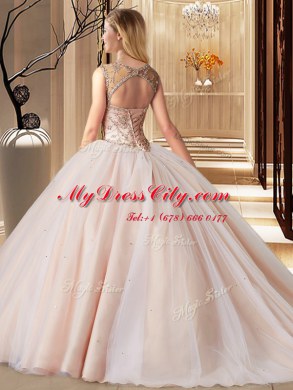 Scoop Sleeveless Brush Train Beading Lace Up 15th Birthday Dress
