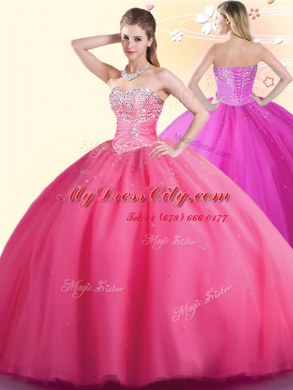 Modest Floor Length Hot Pink Sweet 16 Quinceanera Dress Sweetheart Sleeveless Lace Up