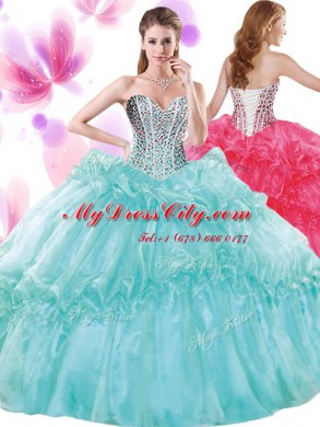 Turquoise Quinceanera Gowns Military Ball and Sweet 16 and Quinceanera and For with Beading and Pick Ups Sweetheart Sleeveless Lace Up