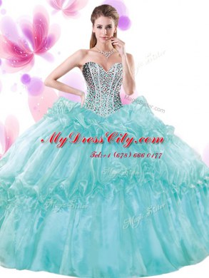 Turquoise Quinceanera Gowns Military Ball and Sweet 16 and Quinceanera and For with Beading and Pick Ups Sweetheart Sleeveless Lace Up