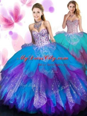 Best Selling Tulle Sweetheart Sleeveless Lace Up Beading and Ruffled Layers Sweet 16 Dress in Multi-color