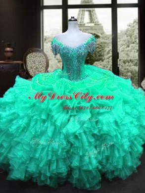 Perfect Floor Length Turquoise Ball Gown Prom Dress Sweetheart Cap Sleeves Lace Up