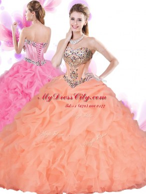 Orange Red Sweetheart Neckline Beading and Ruffles Sweet 16 Dress Sleeveless Lace Up