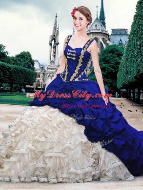 Blue And White Organza and Taffeta Lace Up Straps Sleeveless With Train Quinceanera Gowns Brush Train Beading and Ruffles and Pick Ups