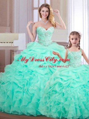 Gorgeous Apple Green Ball Gowns Sweetheart Sleeveless Organza Floor Length Lace Up Beading and Ruffles and Pick Ups Sweet 16 Dresses