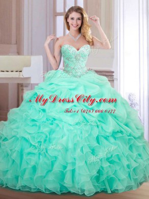 Gorgeous Apple Green Ball Gowns Sweetheart Sleeveless Organza Floor Length Lace Up Beading and Ruffles and Pick Ups Sweet 16 Dresses