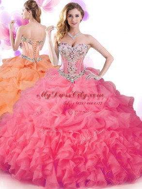 Attractive Hot Pink Ball Gowns Sweetheart Sleeveless Organza Floor Length Lace Up Beading and Ruffles and Pick Ups Vestidos de Quinceanera