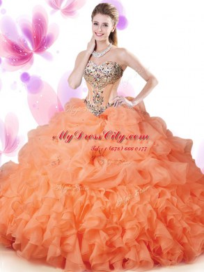 Attractive Hot Pink Ball Gowns Sweetheart Sleeveless Organza Floor Length Lace Up Beading and Ruffles and Pick Ups Vestidos de Quinceanera