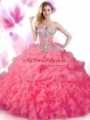 Attractive Hot Pink Ball Gowns Sweetheart Sleeveless Organza Floor Length Lace Up Beading and Ruffles and Pick Ups Vestidos de Quinceanera