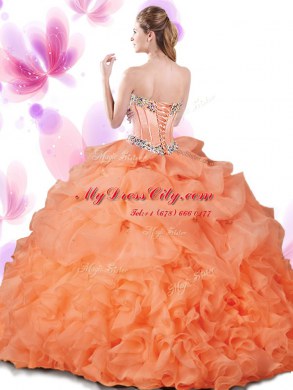Attractive Hot Pink Ball Gowns Sweetheart Sleeveless Organza Floor Length Lace Up Beading and Ruffles and Pick Ups Vestidos de Quinceanera